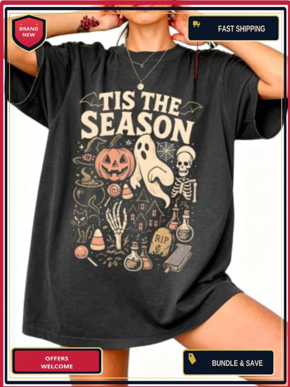 Oversized Halloween Graphic Tee Womens Spooky Season Crew Neck Short Sleeve